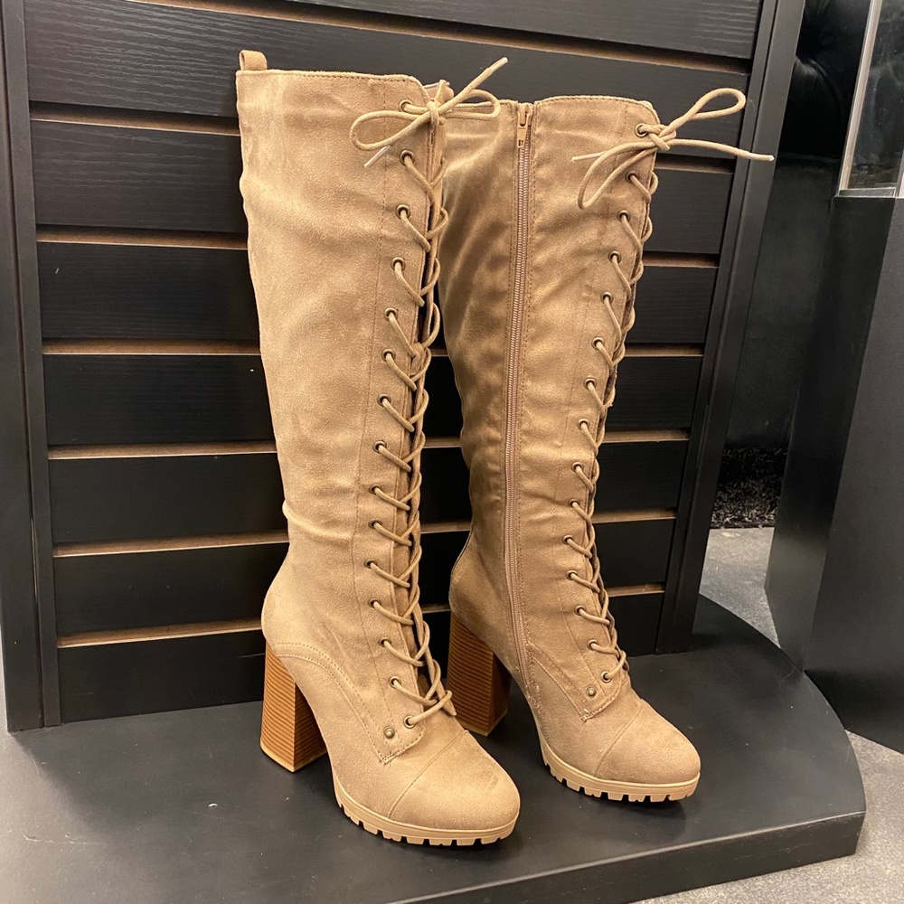 Taupe Lace Up Heeled Boots - Picture 2 of 6